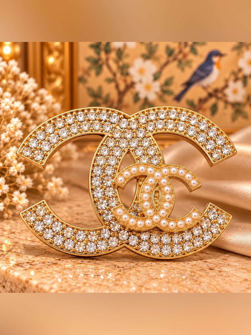 Crystal Pearl Double C Statement Brooch Gold Tone Rhinestone Fashion Pin